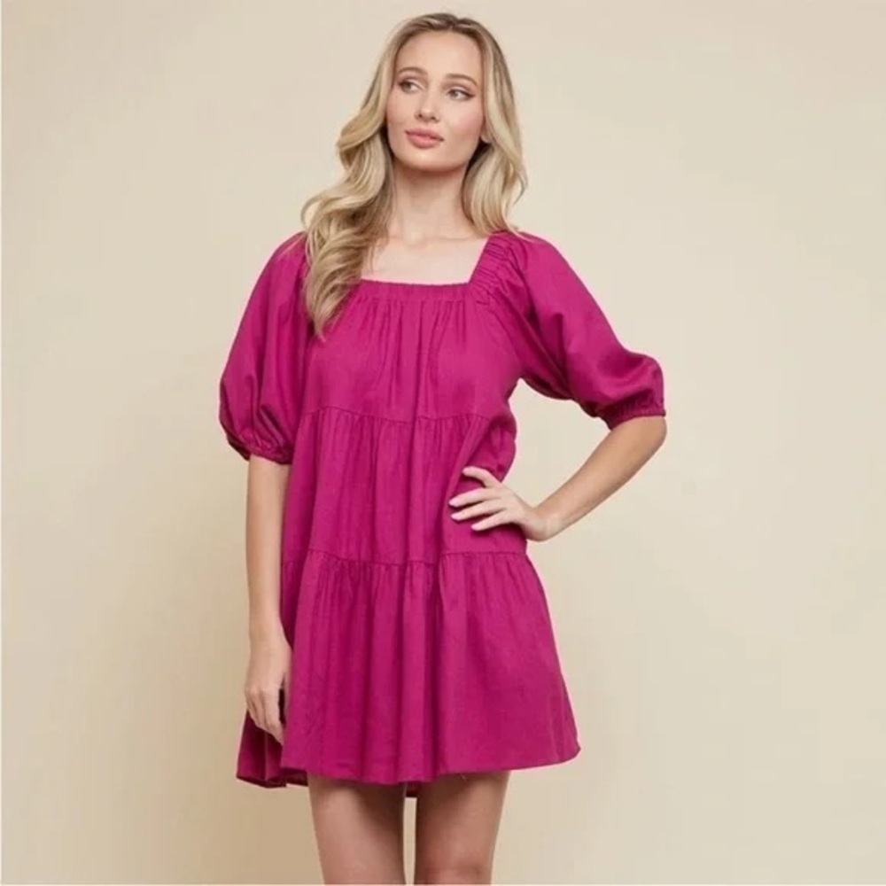 Fuchsia Square-Neck Tiered Mini Dress with Puff Sleeves